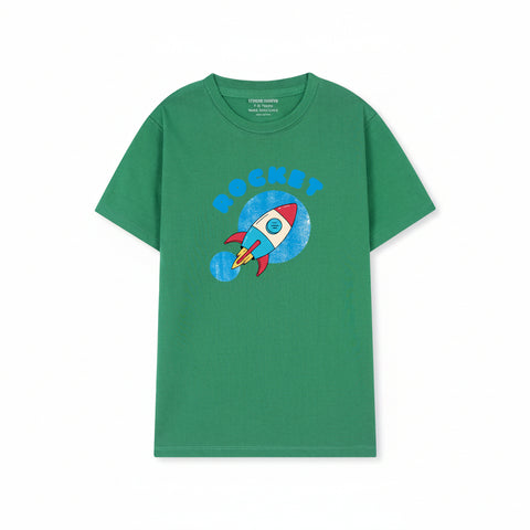 Green t-shirt with a rocket graphic on a white background

