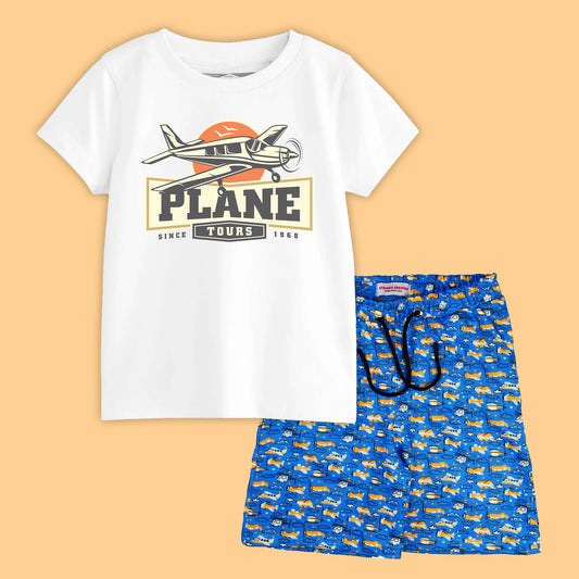 PLANE TOUR BOYS SHORT SLEEVE WHITE T.SHIRT & PLANE PRINTED SHORTS 2000