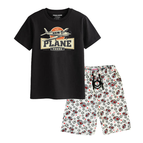 PLANE TOUR BOYS SHORT SLEEVE BLACK T.SHIRT & FOOTBALL PRINTED SHORTS (SF-29213)