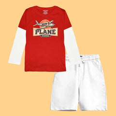 PLANE TOUR BOYS LONG SLEEVE RED & WHITE T.SHIRT & SHORTS (SF-26712)
