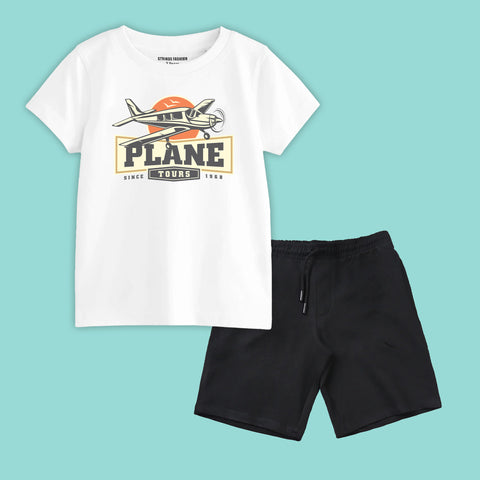PLANE TOUR BOYS SHORT SLEEVE WHITE T.SHIRT & BLACK SHORTS (SF-27911)