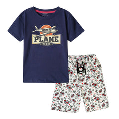 PLANE TOUR BOYS SHORT SLEEVE NAVY T.SHIRT & FOOTBALL PRINTED SHORTS (SF-28413)