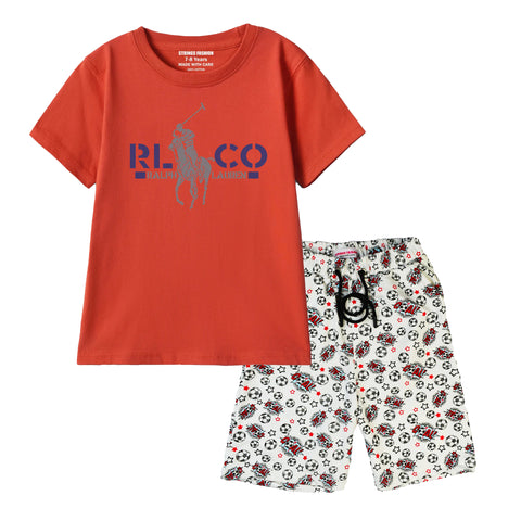POLO BOYS SHORT SLEEVE RED T.SHIRT & FOOTBALL PRINTED SHORTS