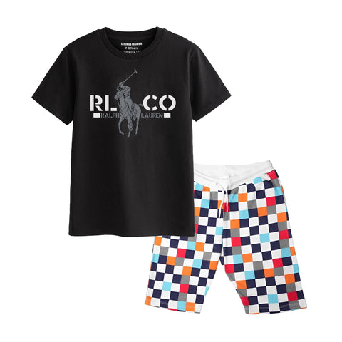 POLO BOYS SHORT SLEEVE BLACK T.SHIRT & BOX PRINTED SHORTS (SF-28114)