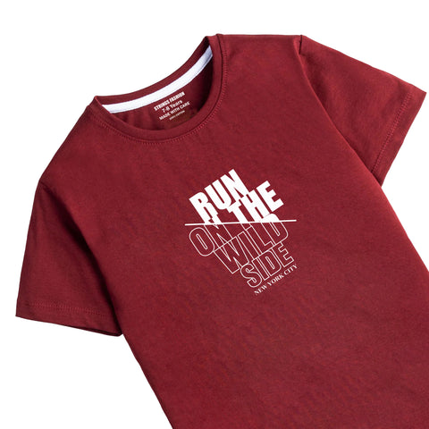 RUN OUT  PRINTED MEHROON JUNIOR BOYS T.SHIRT