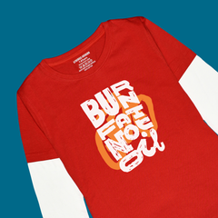 BURN FAT NOT OIL PRINTED RED-WHITE BOYS LONG SLEEVE T.SHIRT