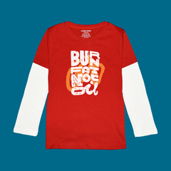 BURN FAT NOT OIL PRINTED RED-WHITE BOYS LONG SLEEVE T.SHIRT