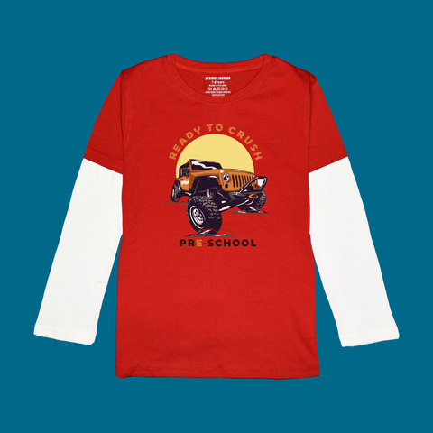 MONSTER TRUCK PRINTED RED-WHITE BOYS LONG SLEEVE T.SHIRT