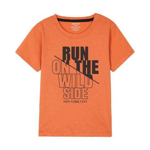 RUN ON THE WILD SIDE BOYS SHORT SLEEVE ORANGE T.SHIRT & BOXES SHORTS (SF-28914)