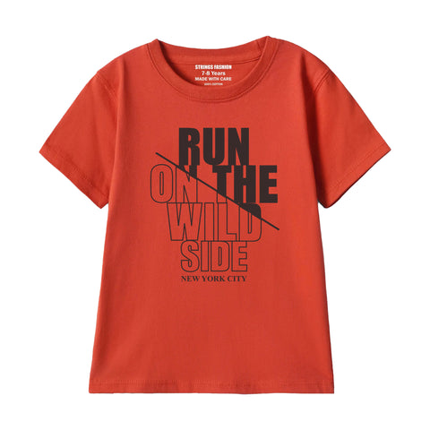 RUN ON THE WILD SIDE BOYS SHORT SLEEVE RED T.SHIRT & FOOTBALL PRINTED SHORTS