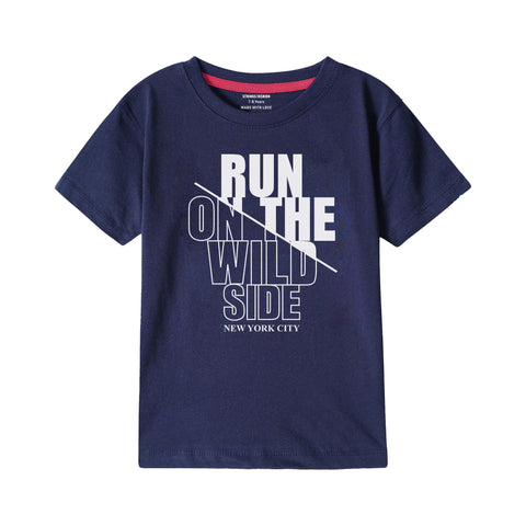 RUN ON THE WILD SIDE BOYS SHORT SLEEVE NAVY T.SHIRT & FOOTBALL PRINTED SHORTS (SF-28415)