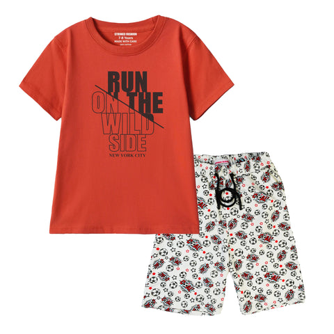 RUN ON THE WILD SIDE BOYS SHORT SLEEVE RED T.SHIRT & FOOTBALL PRINTED SHORTS