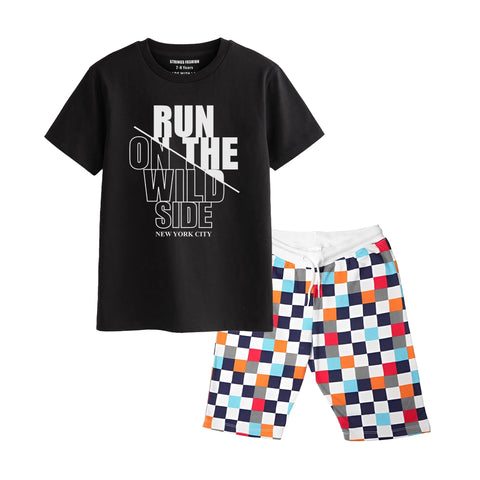 RUN ON THE WILD SIDE BOYS SHORT SLEEVE BLACK T.SHIRT & BOX PRINTED SHORTS (SF-28115)