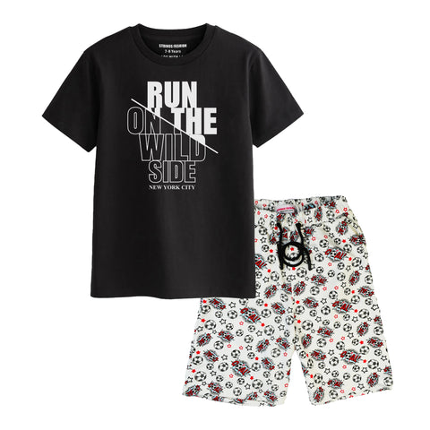 RUN ON THE WILD SIDE BOYS SHORT SLEEVE BLACK T.SHIRT & FOOTBALL PRINTED SHORTS (SF-29215)