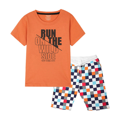 RUN ON THE WILD SIDE BOYS SHORT SLEEVE ORANGE T.SHIRT & BOXES SHORTS (SF-28914)