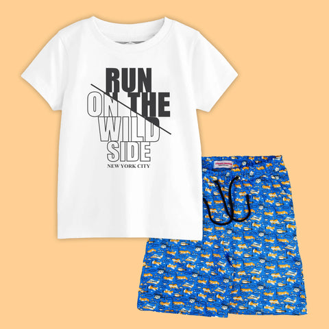 RUN ON THE WILD SIDE BOYS SHORT SLEEVE WHITE T.SHIRT & PLANE PRINTED SHORTS