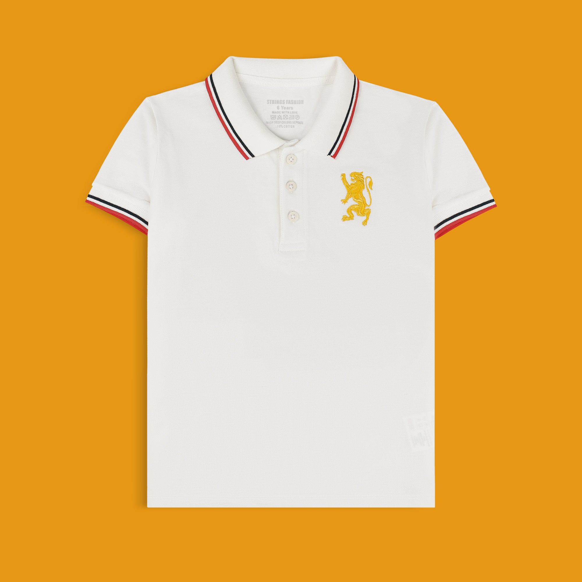 A white boys' short-sleeve polo T-shirt with a contrasting collar and sleeve cuffs, displayed against an orange background.