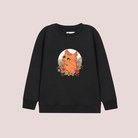 CAT PRINTED BLACK COLOR Girls Long Sleeve Sweat-Shirt
