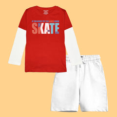 SKATE BOYS LONG SLEEVE RED & WHITE T.SHIRT & SHORTS (SF-26715)