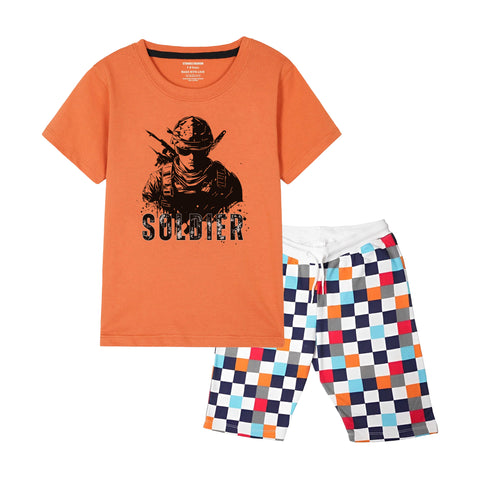 SOLDIER BOYS SHORT SLEEVE ORANGE T.SHIRT & BOXES SHORTS (SF-28916)