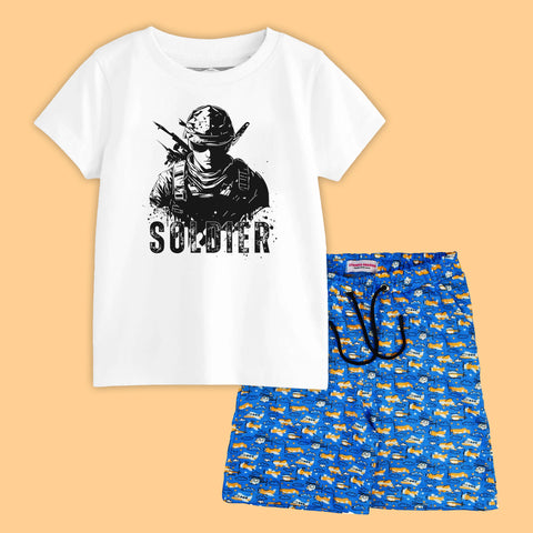 SOLDIER BOYS SHORT SLEEVE WHITE T.SHIRT & PLANE PRINTED SHORTS (SF-29114)