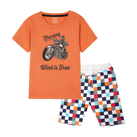 THERAPY BIKE BOYS SHORT SLEEVE ORANGE T.SHIRT & BOXES SHORTS (SF-28917)