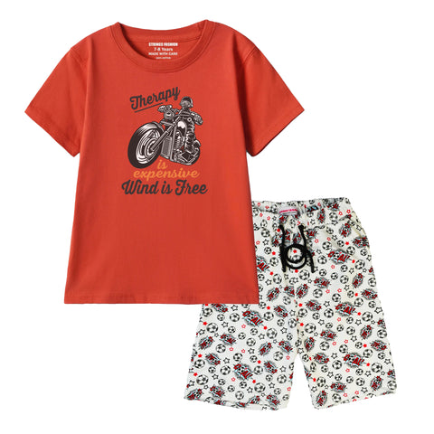 THERAPY BIKE BOYS SHORT SLEEVE RED T.SHIRT & FOOTBALL PRINTED SHORTS