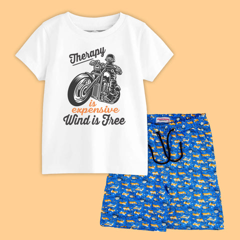 THERAPY BIKE BOYS SHORT SLEEVE WHITE T.SHIRT & PLANE PRINTED SHORTS (SF-29115)