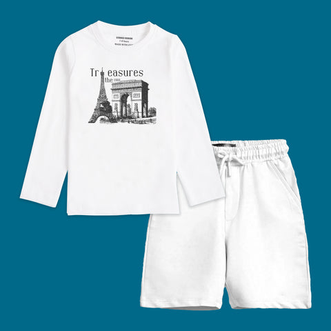 TREASURE BOYS LONG SLEEVE WHITE T.SHIRT & SHORTS (SF-27716)