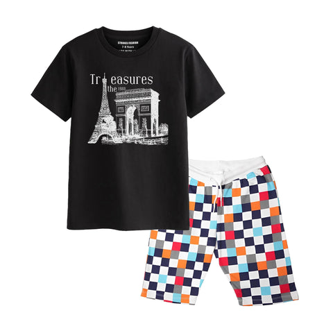 TREASURE BOYS SHORT SLEEVE BLACK T.SHIRT & BOX PRINTED SHORTS (SF-28117)