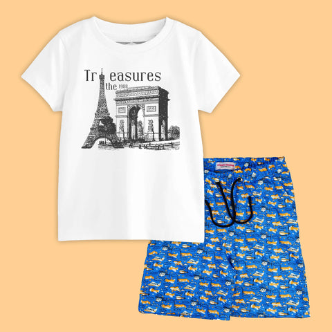 TREASURE BOYS SHORT SLEEVE WHITE T.SHIRT & PLANE PRINTED SHORTS (SF-29116)