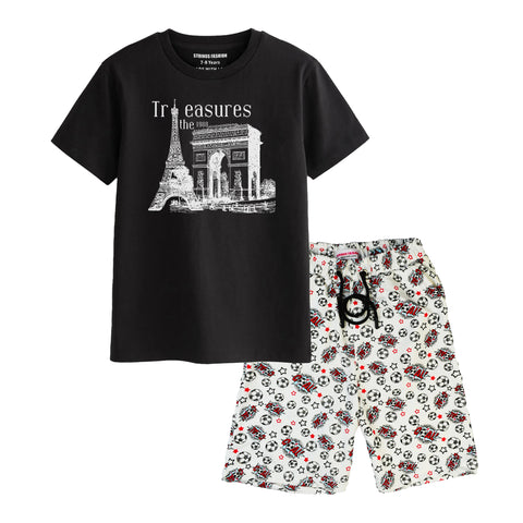 TREASURE BOYS SHORT SLEEVE BLACK T.SHIRT & FOOTBALL PRINTED SHORTS (SF-29217)