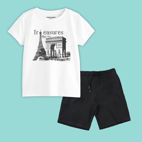 TREASURE BOYS SHORT SLEEVE WHITE T.SHIRT & BLACK SHORTS (SF-27917)