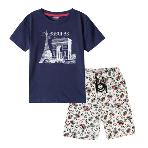 TREASURE BOYS SHORT SLEEVE NAVY T.SHIRT & FOOTBALL PRINTED SHORTS (SF-28417)