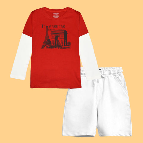 TREASURE BOYS LONG SLEEVE RED & WHITE T.SHIRT & SHORTS (SF-26718)