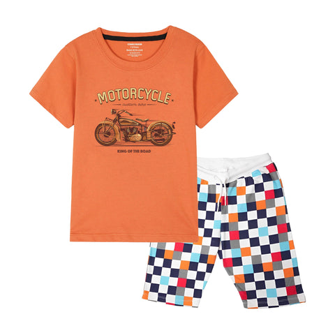 VINTAGE BIKE BOYS SHORT SLEEVE ORANGE T.SHIRT & BOXES SHORTS (SF-28919)
