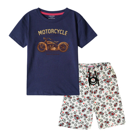 VINTAGE BIKE BOYS SHORT SLEEVE NAVY T.SHIRT & FOOTBALL PRINTED SHORTS (SF-28418)