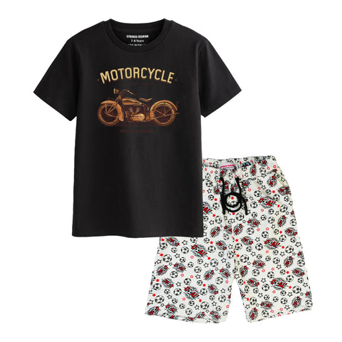 VINTAGE BIKE BOYS SHORT SLEEVE BLACK T.SHIRT & FOOTBALL PRINTED SHORTS (SF-29218)