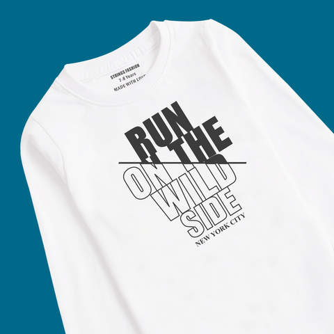RUN OUT ON THE WILD SIDE PRINTED WHITE COLOR BOYS LONG SLEEVE T-SHIRT