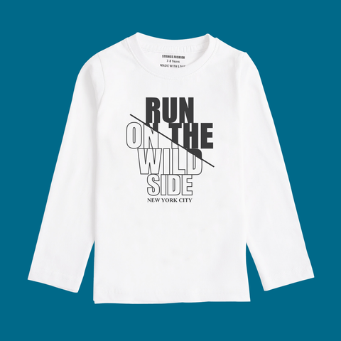 RUN OUT ON THE WILD SIDE PRINTED WHITE COLOR BOYS LONG SLEEVE T-SHIRT