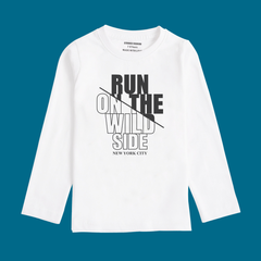 RUN OUT ON THE WILD SIDE PRINTED WHITE COLOR BOYS LONG SLEEVE T.SHIRT
