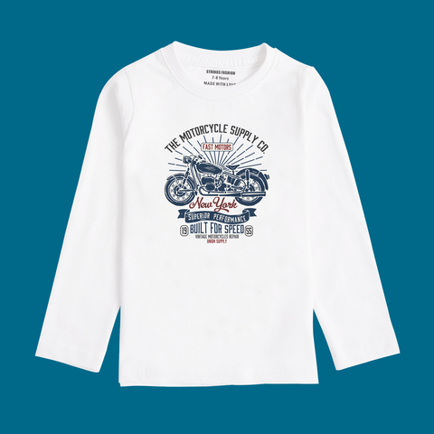 NEW YORK BIKE PRINTED WHITE COLOR BOYS LONG SLEEVE T.SHIRT