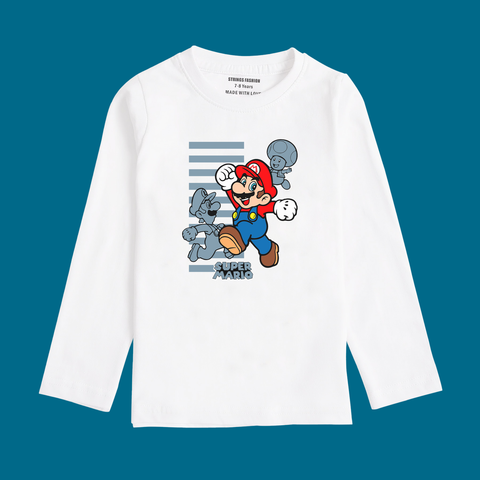 MARIO BROS PRINTED WHITE COLOR BOYS LONG SLEEVE T.SHIRT
