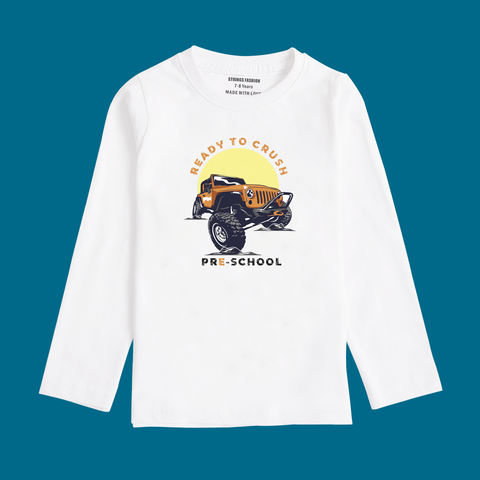 MONSTER TRUCK PRINTED WHITE COLOR BOYS LONG SLEEVE T.SHIRT