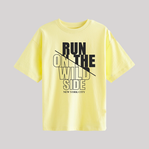 RUN ON THE WILD SIDE PRINTED YELLOW JUNIOR BOYS T-SHIRT