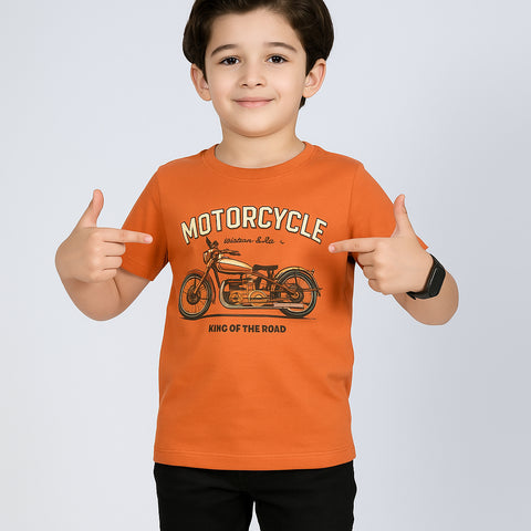 MOTERCYCLE PRINTED ORANGE BOYS T.SHIRT