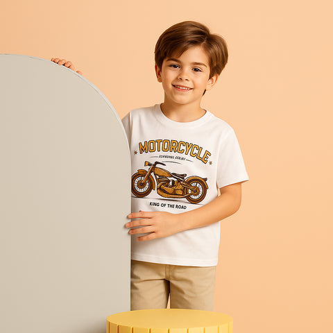 DIGITAL PRINTED VINTAGE BIKE WHITE JUNIOR BOYS T.SHIRT