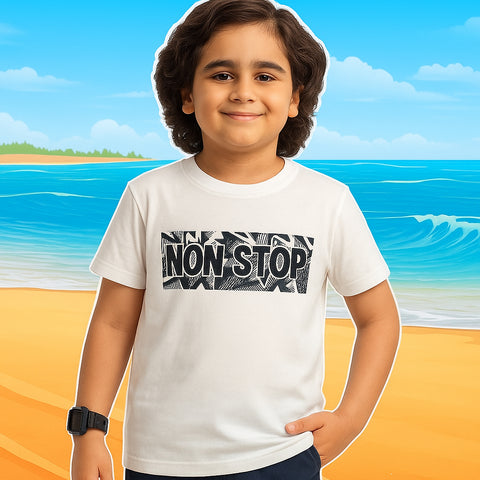 NON STOP PRINTED WHITE JUNIOR BOYS T-SHIRT