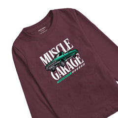 MUSCLE GARAGE PRINTED BURGUNDY BOYS LONG SLEEVE T.SHIRT