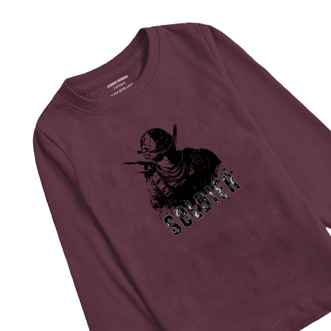 SOLDIER PRINTED BURGUNDY BOYS LONF SELEEVE T.SHIRT
